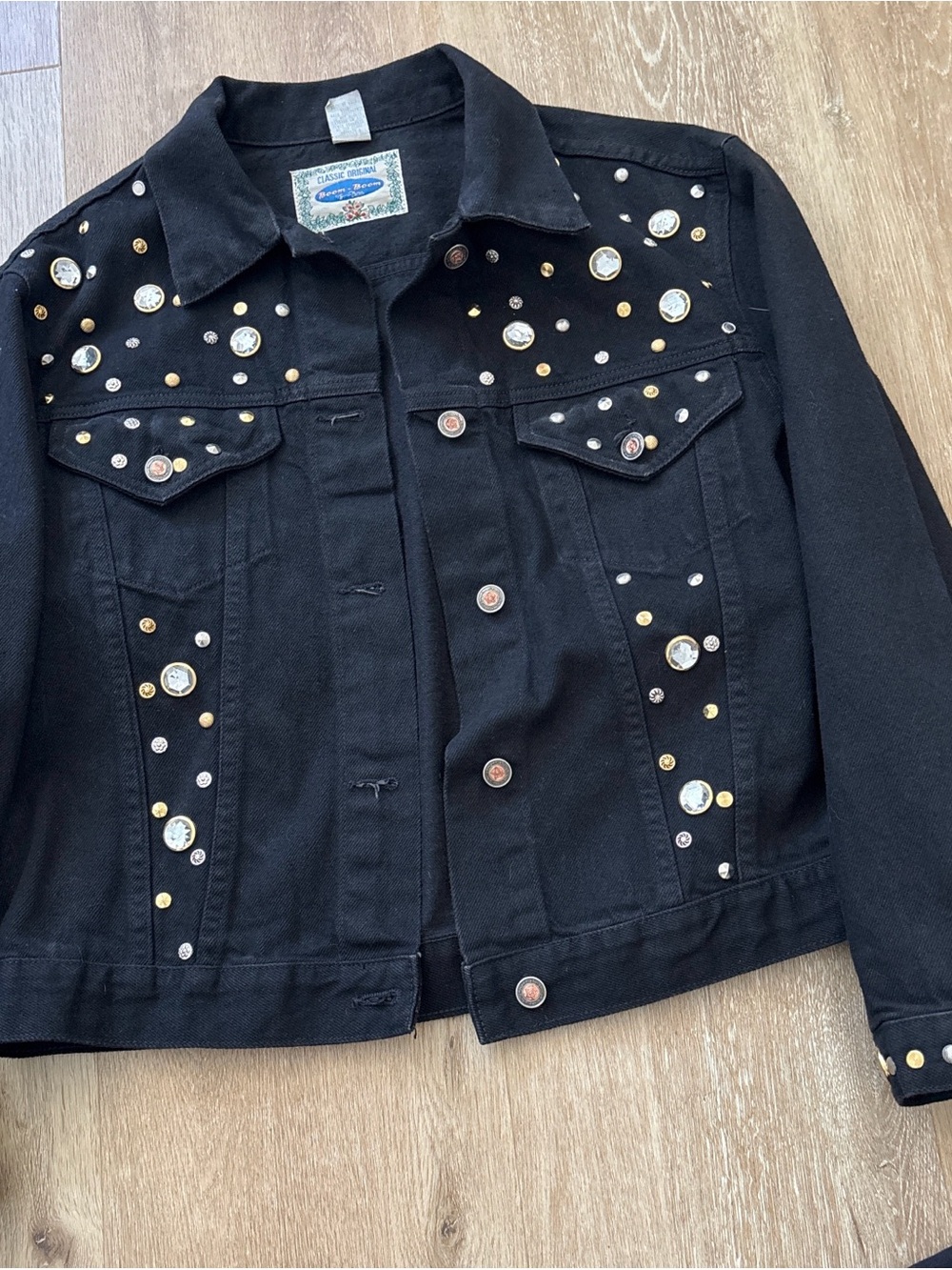 Boom Boom Jeans Black studded diamonds Denim Jacket vintage 90’s